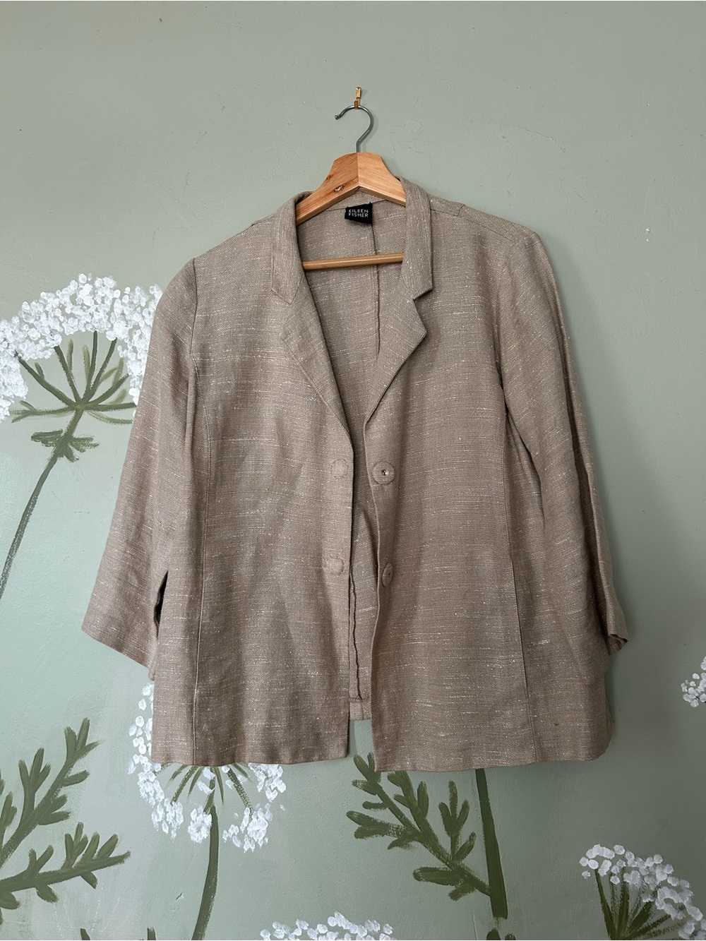 Eileen Fisher Oatmeal Silk/Linen Textured Button Blazer